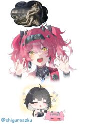 Rule 34 | 2girls, absurdres, black bow, black hair, blush, bow, claw pose, collar, commentary, earrings, english commentary, female rover (wuthering waves), fingernails, flying sweatdrops, hair bow, hairband, headgear, highres, jewelry, long fingernails, long hair, looking at viewer, lupa (wuthering waves), metal collar, metal hairband, multiple girls, objectification, open mouth, pink hair, red pupils, rover (wuthering waves), screenshot inset, sharp fingernails, sharp teeth, shigureszku, simple background, teeth, twitter username, white background, wuthering waves, yellow eyes