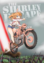 Rule 34 | 1girl, animal ears, barbed wire, blue eyes, bra, breasts, charlotte e. yeager, clenched hand, cloud, cloudy sky, highres, jacket, kuni-kun, large breasts, laser, long hair, motor vehicle, motorcycle, open mouth, orange hair, outdoors, rabbit ears, rabbit girl, rabbit tail, shoes, shorts, sky, solo, strike witches, tail, underwear, white bra, white jacket, world witches series