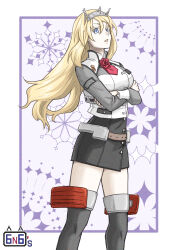 Rule 34 | 1girl, ascot, black skirt, black thighhighs, blonde hair, blue eyes, breasts, flower, headgear, highres, kantai collection, large breasts, long hair, long sleeves, military uniform, munmu-san, neck flower, nelson (kancolle), pencil skirt, red ascot, red flower, red rose, rose, skirt, solo, standing, thighhighs, very long hair