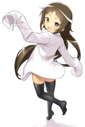 Rule 34 | 1girl, :d, black thighhighs, brown hair, commentary request, full body, hatakenaka (kamagabuchi), highres, long hair, long sleeves, looking at viewer, mikakunin de shinkoukei, mitsumine mashiro, open mouth, shadow, shirt, simple background, sleeves past fingers, sleeves past wrists, smile, solo, standing, thighhighs, white background, white shirt, yellow eyes