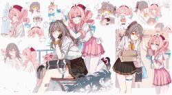 2girls ? absurdres alternate_costume alternate_hairstyle aqua_eyes bandaged_leg bandages bandaid bandaid_on_face black_gloves black_shoes black_skirt chibi closed_mouth drill_hair gloves grey_hair half_gloves highres honkai:_star_rail honkai_(series) hyacine_(honkai:_star_rail) little_ica_(honkai:_star_rail) loafers looking_at_another medium_hair multiple_girls multiple_views open_mouth pantyhose pink_hair pink_sailor_collar pink_skirt ponytail sailor_collar school_uniform scrunchie shirt shoes short_sleeves simple_background sitting skirt sleeves_rolled_up smile spoken_question_mark standing standing_on_one_leg stelle_(honkai:_star_rail) thigh_strap trailblazer_(honkai:_star_rail) twin_drills twintails white_pantyhose white_shirt wrist_scrunchie wristband yajuu yellow_eyes zzz