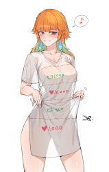 1girl absurdres alternate_costume breasts clothes_lift cowboy_shot cut-here_line dotted_line earrings feather_earrings feathers gradient_hair green_hair highres hololive hololive_english iver_(reviolet) jewelry large_breasts lifting_own_clothes like_and_retweet long_hair looking_at_viewer multicolored_hair musical_note orange_hair pink_eyes see-through_clothes see-through_silhouette shirt shirt_lift simple_background smile solo spoken_musical_note t-shirt takanashi_kiara thighs twitter_cutting_game twitter_strip_game virtual_youtuber wavy_hair white_background white_shirt