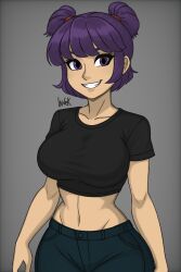 1girl artist_name black_shirt breasts collarbone crop_top denim freckles grey_background grin hair_between_eyes hair_bun highres jeans kevio_nivek large_breasts looking_at_viewer midriff narrow_waist navel non-web_source original pants purple_eyes purple_hair shirt short_hair short_sleeves simple_background smile solo standing t-shirt teeth toned