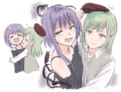 Rule 34 | 2girls, = =, bang dream!, bang dream! it&#039;s mygo!!!!!, beret, blush, bullfalk, closed eyes, commentary request, green hair, grey shirt, grey sweater vest, hair ornament, hairclip, hat, long hair, mortis (bang dream!), mortis (costume) (bang dream!), mortis (persona) (bang dream!), multiple girls, off-shoulder shirt, off shoulder, open mouth, pink eyes, purple hair, red hat, shirt, short hair, simple background, sweater vest, wakaba mutsumi, white background, yellow eyes, yuri, yuutenji nyamu