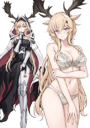 1girl absurdres animal_ears antlers arknights armor armored_boots bare_arms bare_shoulders bell black_gloves blonde_hair blush boots bra breasts cape cleavage closed_mouth collarbone embarrassed gauntlets gloves gongbangmanchi_(daisy_cutter) groin hair_between_eyes hair_ornament hand_on_own_chin hand_on_own_elbow highres hood hood_up horns knee_boots large_breasts long_hair multiple_views navel panties pantyhose parted_lips partially_fingerless_gloves purple_eyes red_cape simple_background single_gauntlet two-sided_cape two-sided_fabric underwear vambraces viviana_(arknights) white_background white_bra white_cape white_panties white_pantyhose x_hair_ornament