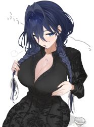 1girl absurdres black_dress black_hair blue_eyes braid breasts cleavage cup dress hair_intakes highres hololive hololive_english huge_breasts hyaui_kazuki long_hair low_twin_braids official_alternate_costume official_alternate_hairstyle open_mouth ouro_kronii ouro_kronii_(maid) simple_background sitting solo teacup twin_braids virtual_youtuber water wet white_background