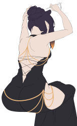 1girl alternate_costume ass back bl/ess black_dress breasts clothes_lift dress from_behind hip_vent hololive hololive_english meme meme_attire modakawa_dress ninomae_ina&#039;nis open_clothes open_dress sitting sleeveless sleeveless_dress small_breasts tight_clothes tight_dress virtual_youtuber
