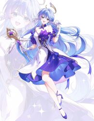 1girl bare_shoulders bird bird_on_hand blue_hair bracelet breasts cleavage commentary dress earrings face_jewel floating_hair full_body gloves halo head_wings high_heels highres holding honkai:_star_rail honkai_(series) jewel_under_eye jewelry ki_1315 long_hair looking_at_viewer open_mouth purple_dress purple_shoes robin_(bird) robin_(honkai:_star_rail) shoes simple_background single_earring smile two-tone_dress very_long_hair white_background white_dress white_gloves wings zoom_layer