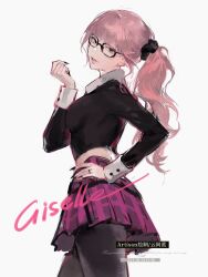 1girl aespa artist_name_(singer) black_nails black_pantyhose cowboy_shot giselle_(aespa) glasses hand_on_own_hip hashtag-only_commentary highres jewelry k-pop looking_back pantyhose pink_hair purple_skirt real_life ring side_ponytail simple_background skirt white_background zhanzhan_lan