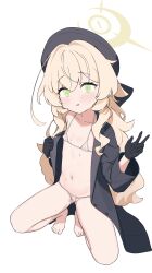 1girl @_@ absurdres alternate_costume bare_legs barefoot beret bikini black_coat black_gloves black_hat blonde_hair blue_archive blush closed_mouth coat commentary covered_erect_nipples feet flashing flat_chest fluffy_hair gloves green_eyes halo hat highres hypnosis koroyake legs_folded licking_lips loli long_hair looking_at_viewer micro_bikini mind_control navel open_clothes open_coat opened_by_self professor_niyaniya_(blue_archive) pussy_juice revision simple_background single_off_shoulder solo squatting string_bikini sweat swimsuit thighs tiptoes toes tongue tongue_out w wet wet_clothes wet_swimsuit white_background white_bikini yellow_halo