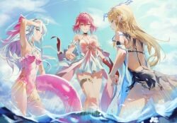 3girls arm_up armpits ass backless_dress backless_outfit bare_shoulders black_dress blonde_hair blue_eyes blue_sky bow breasts carlotta_(splashing_summer)_(wuthering_waves) carlotta_(wuthering_waves) cartethyia_(wuthering_waves) changli_(laurel_nymph)_(wuthering_waves) changli_(wuthering_waves) closed_mouth colored_extremities commentary_request crown_of_thorns day dress earrings gradient_clothes gradient_dress grey_hair hair_bow hair_intakes head_wreath highres holding holding_swim_ring innertube jewelry large_breasts long_hair looking_at_viewer looking_back medium_breasts momo_(2240807) multiple_girls official_alternate_costume one-piece_swimsuit orange_eyes outdoors parted_lips pink_bow pink_hair pink_one-piece_swimsuit pointy_ears red_dress red_hands short_dress sky smile swim_ring swimsuit thighlet thighs wading white_dress wuthering_waves