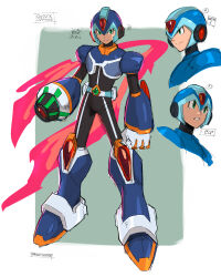 Rule 34 | 1boy, absurdres, arm cannon, armor, artist name, belt, blue armor, blue helmet, copyright name, forehead jewel, full body, green eyes, helmet, highres, male focus, mega man (series), mega man x: command mission, mega man x (series), new armor x (mega man), projectdivider, solo focus, weapon, x (mega man)