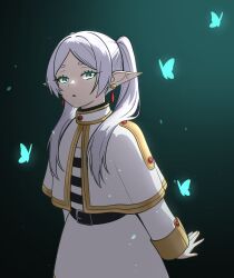 1girl absurdres belt belt_buckle black_belt blue_butterfly buckle bug butterfly capelet commentary dress earrings elf english_commentary frieren gold_trim green_eyes highres insect jewelry long_hair long_sleeves looking_at_viewer muis0802 pointy_ears solo sousou_no_frieren white_capelet white_dress