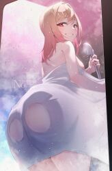 1girl :d absurdres against_glass ahoge ass ass_on_glass ass_press back blush breasts condensation crossed_bangs from_behind gradient_hair hair_between_eyes highres holding holding_shower_head hololive hololive_dev_is ichijou_ririka inuinuo_gataken large_breasts long_hair looking_at_viewer looking_back multicolored_hair naked_towel open_mouth orange_eyes orange_hair orange_nails pink_hair shower_(place) shower_head showering smile solo steam thighs towel virtual_youtuber watermark
