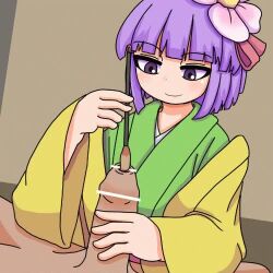 1boy 1girl animated bar_censor brown_background calligraphy_brush censored clothed_female_nude_male cum cum_on_self femdom flower hair_flower foreskin foreskin_play glansjob hair_ribbon handjob hetero hieda_no_akyuu hime_cut holding japanese_clothes kigan&#039;eiji legs long_sleeves looking_at_penis looking_down lowres nose nude paintbrush penis penis_grab pink_flower pov pov_crotch precum precum_string projectile_cum purple_eyes purple_hair ribbon simple_background smile smug teasing tickling touhou twitching twitching_penis video