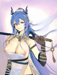 1girl absurdres arknights arm_strap arm_wrap black_gloves blue_eyes blue_hair breasts chinese_commentary cleavage crossed_bangs detached_collar dragon_girl dragon_horns dress elbow_gloves gloves gradient_background hair_between_eyes highres holding holding_weapon horns ken_(kensaen) large_breasts ling_(arknights) long_hair looking_at_viewer necktie nipple_slip nipples over_shoulder parted_lips pointy_ears ponytail purple_background simple_background smirk solo strapless strapless_dress tassel upper_body weapon weapon_over_shoulder white_background white_dress wing_collar yellow_necktie