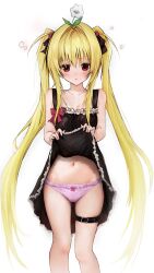 Rule 34 | 1girl, absurdres, black dress, black ribbon, blonde hair, blush, bow, bow panties, breasts, cleavage, collarbone, commentary request, dizzy, dress, eee mii, flower, flower on head, frilled dress, frilled panties, frills, hair intakes, hair ribbon, highres, konjiki no yami, lifting own clothes, long hair, looking at viewer, navel, panties, parted lips, pink panties, red eyes, ribbon, simple background, sleeveless, sleeveless dress, solo, standing, thigh strap, to love-ru, twintails, two side up, underwear, very long hair, white background, white flower