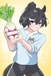 1girl alternate_costume animal_ears bikini black_hair blue_eyes cowboy_shot daikon double-parted_bangs food hair_between_eyes hands_up high_ponytail holding holding_food holding_vegetable horse_ears horse_girl horse_tail katsuragi_ace_(umamusume) long_hair looking_at_viewer mukakin multicolored_hair open_mouth pants ponytail radish red_bikini shirt smile solo sparkle streaked_hair swimsuit tail track_pants two-tone_hair umamusume v-shaped_eyebrows vegetable white_hair