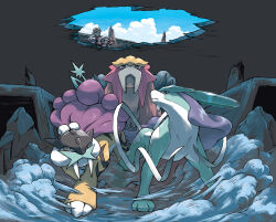 1boy 1girl :o absurdres blue_sky bow bowtie brown_fur brown_hair closed_mouth cloud dust entei eusine_(pokemon) gen_2_pokemon gloves hat highres hole legendary_pokemon long_fangs looking_down looking_up lyra_(pokemon) nintendo notice_lines official_art open_mouth pokemon pokemon_(creature) pokemon_hgss raikou red_bow red_bowtie red_eyes rubble short_hair sky suicune third-party_source toyama_kenkichi twintails white_gloves white_hat