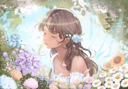 1girl absurdres andreamerart brown_hair closed_eyes closed_mouth dress english_text flower hair_flower hair_ornament highres long_hair original purple_flower scenery single_bare_shoulder smile sunflower upper_body watermark white_dress white_flower