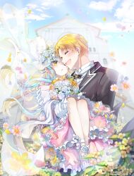 1boy 1girl aqua_hair black_bow black_bowtie black_jacket blonde_hair blue_flower blue_sky bouquet bow bowtie bridal_veil carrying closed_eyes cloud dress earrings fishnet_thighhighs fishnets flower gloves happy head_wreath hetero highres holding holding_bouquet jacket jewelry light_blush light_rays long_hair multicolored_dress open_mouth original outdoors pink_dress pink_flower princess_carry shirt shoes short_hair sian_(jred344) sky smile suit_jacket sunlight thighhighs tuxedo two-tone_dress veil wedding wedding_dress white_dress white_flower white_gloves white_shirt white_shoes white_veil yellow_eyes yellow_flower
