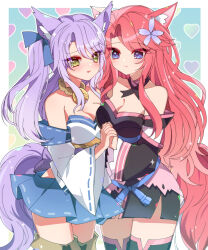 241_blgl animal_ears bell commission commissioner_upload fox_ears fox_miko_(sakura_dungeon) fox_tail green_eyes highres holding_hands japanese_clothes long_sleeves neck_bell non-web_source nontraditional_miko pink_hair purple_hair sakura_dungeon tail thighhighs twintails yomi_(sakura_dungeon) yuri