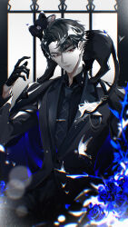 1boy animal animal_on_shoulder black_cat black_cat_strange_society black_coat black_gloves black_hair black_jacket black_necktie black_pants black_shirt black_suit blue_coat blue_flower blue_rose bug butterfly cat cat_on_shoulder chinese_commentary closed_mouth coat coat_on_shoulders collared_shirt cowboy_shot curtained_hair flower formal_clothes gloves half_gloves hand_up highres insect jacket lapel_pin leaf lens_flare lips long_sleeves looking_at_viewer lu_lin_shen male_focus necktie pants pol_(weibo_1744253333) print_necktie red_eyes rose shirt short_hair side_part sitting smirk solo suit suit_jacket tie_clip two-sided_coat two-sided_fabric white_butterfly window