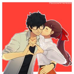 1boy 1girl absurdres amamiya_ren artist_name black_hair blush closed_eyes commentary english_commentary hair_ribbon heart heart_hands heart_hands_duo highres hug imminent_kiss kiss kissing_cheek persona persona_5 personaparadise red_background red_hair ribbon simple_background sweater white_sweater yoshizawa_kasumi yoshizawa_sumire