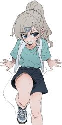 1girl blue_eyes ch1ba12m grey_hair highres hisakawa_hayate idolmaster idolmaster_cinderella_girls long_hair looking_at_viewer ponytail shoes shorts simple_background sitting smile sneakers solo sportswear sweat towel towel_around_neck white_background