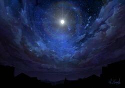 alu.m_(alpcmas) cloud full_moon moon night night_sky no_humans original outdoors scenery signature sky sky_focus star_(sky) starry_sky urban