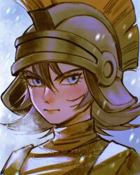 1girl anessa_(dqb2) artist_name blue_eyes closed_mouth dragon_quest dragon_quest_builders_2 hair_between_eyes hashtag-only_commentary helmet highres looking_to_the_side medium_hair mouyi purple_hair red_shirt sample_watermark shirt snow soldier solo upper_body watermark