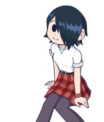 1girl belt black_eyes black_hair breasts earrings hair_over_one_eye highres jewelry jotauno_xd knives_chau light_blush looking_at_viewer medium_breasts necklace pantyhose plaid_clothes plaid_skirt red_skirt scott_pilgrim_(series) scott_pilgrim_takes_off shirt short_hair sitting skirt smile solo white_background white_shirt