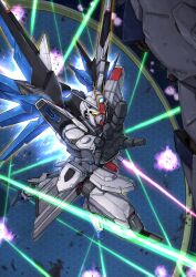 absurdres albert_rbk energy_sword commentary_request exhaust explosion eye_trail flying foreshortening freedom_gundam genesis_(gundam) glowing glowing_eyes gundam gundam_seed highres holding holding_sword holding_weapon laser light_trail mecha mecha_focus mechanical_wings mobile_suit no_humans open_hand out_of_frame providence_gundam robot science_fiction solo_focus space sword twitter_username v-fin war weapon wings yellow_eyes