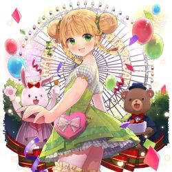 1girl bag balloon blonde_hair braid cake confetti cosplay double_bun dress ferris_wheel food frilled_thighhighs frills from_side green_dress green_eyes hair_bun kigurumi looking_at_viewer off-shoulder_dress off_shoulder salt_(salty) sapphire_emerald shoulder_bag thighhighs tree twin_braids twintails uchi_no_hime-sama_ga_ichiban_kawaii