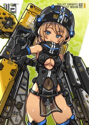 1girl black_gloves black_leotard black_thighhighs blue_eyes breasts brown_hair clothing_cutout demon_tail elbow_gloves gloves helmet highres leotard medium_breasts nancou_(nankou) navel original pelvic_curtain see-through_clothes short_hair solo tail thighhighs underboob_cutout