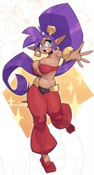 1girl blush breasts doodledox earrings eyelashes female_focus full_body jewelry large_breasts long_hair looking_at_viewer open_mouth pointy_ears ponytail purple_hair shantae shantae_(series) smile solo sparkle white_background