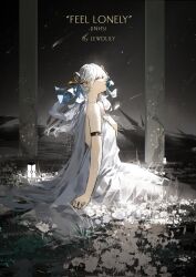 1girl absurdres armlet artist_name bare_shoulders bow breasts closed_eyes closed_mouth commentary dress english_commentary english_text hair_bow hand_on_own_chest highres jewelry jinhsi_(wuthering_waves) lewdlily66 outdoors profile sitting small_breasts solo white_bow white_dress white_hair wuthering_waves