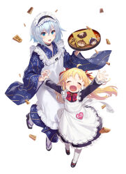2girls apron aqua_eyes black_dress black_shoes blue_hair blue_kimono blush board_game bow bowtie charlotte_izoard choker dress facing_viewer flat_chest full_body hair_ribbon hinatsuru_ai holding holding_hands holding_tray japanese_clothes kimono kuzuryuu_yaichi long_hair looking_at_viewer maid_apron maid_headdress multiple_girls official_art open_mouth outstretched_arms ribbon ryuuou_no_oshigoto! sandals shirabi shoes shogi short_hair sidelocks simple_background smile socks sora_ginko sweatdrop tabi tray two_side_up v-shaped_eyebrows white_background white_socks wide_sleeves yashajin_ai