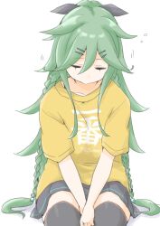 Rule 34 | 1girl, adapted costume, akara kai, black ribbon, black thighhighs, braid, breasts, green eyes, green hair, hair between eyes, hair flaps, hair ornament, hair ribbon, hairclip, highres, kantai collection, long hair, looking at viewer, neckerchief, ponytail, ribbon, school uniform, serafuku, shirt, sitting, sleeping, solo, thighhighs, twin braids, yamakaze (kancolle), yamakaze kai ni (kancolle), yellow shirt