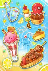 eyepatch food food_focus fruit highres ice_cream lemon lemon_slice lime_(fruit) lime_slice no_humans octopus original parfait ramune skewer speech_bubble star_(symbol) still_life takoyaki xindi