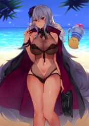 &gt;_&lt; 1girl azur_lane baby_animal bare_shoulders beach bikini bird black_bikini black_coat black_headwear blue_sky chick closed_mouth coat crossed_bangs flower food graf_zeppelin_(azur_lane) graf_zeppelin_(beachside_urd)_(azur_lane) grey_hair hair_between_eyes hair_flower hair_ornament hand_up hat highres holding holding_spoon holding_unworn_clothes holding_unworn_hat kazu_satou lace lace-trimmed_bikini lace_trim long_hair looking_at_viewer manjuu_(azur_lane) navel ocean official_alternate_costume outdoors peaked_cap red_eyes sand shaved_ice sky spoon standing stomach swimsuit unworn_hat unworn_headwear very_long_hair water