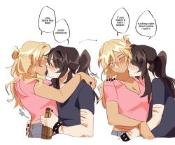 2girls beer_bottle black_nails black_shirt blonde_hair blush bottle bracelet brown_hair class_of_09 closed_eyes commentary dark-skinned_female dark_skin english_text hand_on_another&#039;s_shoulder highres holding holding_bottle jecka_(class_of_09) jewelry juujjuli kiss kissing_neck long_hair multiple_girls nicole_(class_of_09) one_eye_closed pink_shirt ponytail scar scar_on_arm self-harm_scar shirt short_sleeves simple_background speech_bubble spiked_bracelet spikes white_background yuri