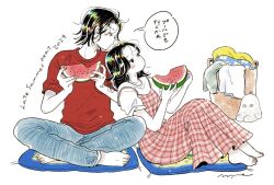 1boy 1girl barefoot black_eyes black_hair blue_pants blush commentary crossed_legs cushion dress eating emamemamo33 feet fingernails food fruit gingham_dress highres holding holding_food laundry laundry_basket leaning_on_person looking_at_another medium_hair on_cushion original painting_(medium) pants red_shirt shirt short_hair short_sleeves signature simple_background sitting t-shirt traditional_media watercolor_(medium) watermelon white_background