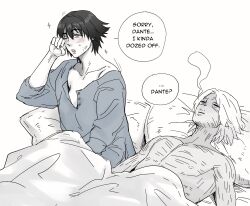 1boy 1girl black_hair blanket blue_shirt blush breasts commentary dante_(devil_may_cry) devil_may_cry_(series) devil_may_cry_5 english_commentary english_text giving_up_the_ghost greyscale guy_tired_after_sex_(meme) hetero highres implied_after_sex jumpoon lady_(devil_may_cry) medium_breasts meme monochrome one_eye_closed oversized_clothes oversized_shirt pillow red_eyes rubbing_eyes shirt sparkle spot_color waking_up