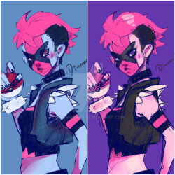 1girl black_choker black_hair black_shirt blue_background bracelet choker closed_mouth commentary deviantart_logo dinomonart english_commentary eyelashes facepaint grey_jacket holding holding_poke_ball jacket jewelry midriff multicolored_hair nintendo open_clothes open_jacket pink_eyes pink_hair poke_ball poke_ball_(basic) pokemon pokemon_swsh purple_background purple_eyes shirt short_hair simple_background sleeveless sleeveless_jacket spiked_bracelet spikes team_yell team_yell_grunt torn_clothes torn_jacket two-tone_hair undercut upper_body very_short_hair watermark web_address