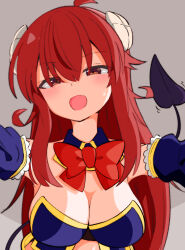 1girl :d ahoge bow bowtie breasts brown_eyes cleavage commentary crisis_management_form_(machikado_mazoku) demon_tail detached_collar detached_sleeves grey_background hair_between_eyes highres horns large_breasts long_hair looking_at_viewer machikado_mazoku open_mouth red_bow red_bowtie red_hair riru_121 simple_background smile solo tail upper_body yoshida_yuuko_(machikado_mazoku)