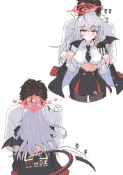 1girl absurdres black_jacket black_necktie black_pantyhose black_skirt blue_archive blush braid chilong_(heronas) demon_girl demon_tail demon_wings doodle_sensei_(blue_archive) grey_hair halo haruna_(blue_archive) highres hug jacket long_hair looking_at_viewer necktie pantyhose red_eyes red_skirt sensei_(blue_archive) shirt skirt tail two-tone_skirt white_background white_shirt wings