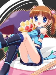 00s 1girl 2007 :d bare_shoulders blue_eyes blunt_bangs blush boots brown_hair character_doll copyright_name detached_sleeves doll elbow_gloves female_focus gloves grey_background hair_bobbles hair_ornament halftone halterneck knee_boots loli long_hair looking_at_viewer lumia_waber midriff open_mouth pannon panties pantyshot phantasy_star phantasy_star_universe pillow s_nyaau sitting skirt sleeveless smile solo stuffed_toy twintails underwear upskirt white_panties