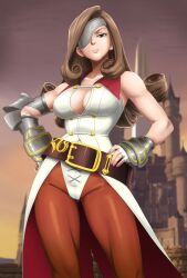 1girl absurdres beatrix_(ff9) belt breasts brown_eyes brown_hair brown_pantyhose castle cleavage codybaier dawn dress eyepatch final_fantasy final_fantasy_ix gauntlets hand_on_own_hip highres large_belt large_breasts long_hair looking_at_viewer pantyhose red_nails single_gauntlet solo sunset upper_body white_dress