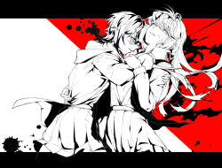 2girls asahina_yuni black_background grin haoxiangkan_nutong highres hood hood_down hooded_jacket jacket kyou_wa_kanojo_ga_inai_kara long_hair long_sleeves looking_at_viewer miniskirt multiple_girls pleated_skirt red_background short_hair skirt smile taki_fuuko teeth white_background yuri